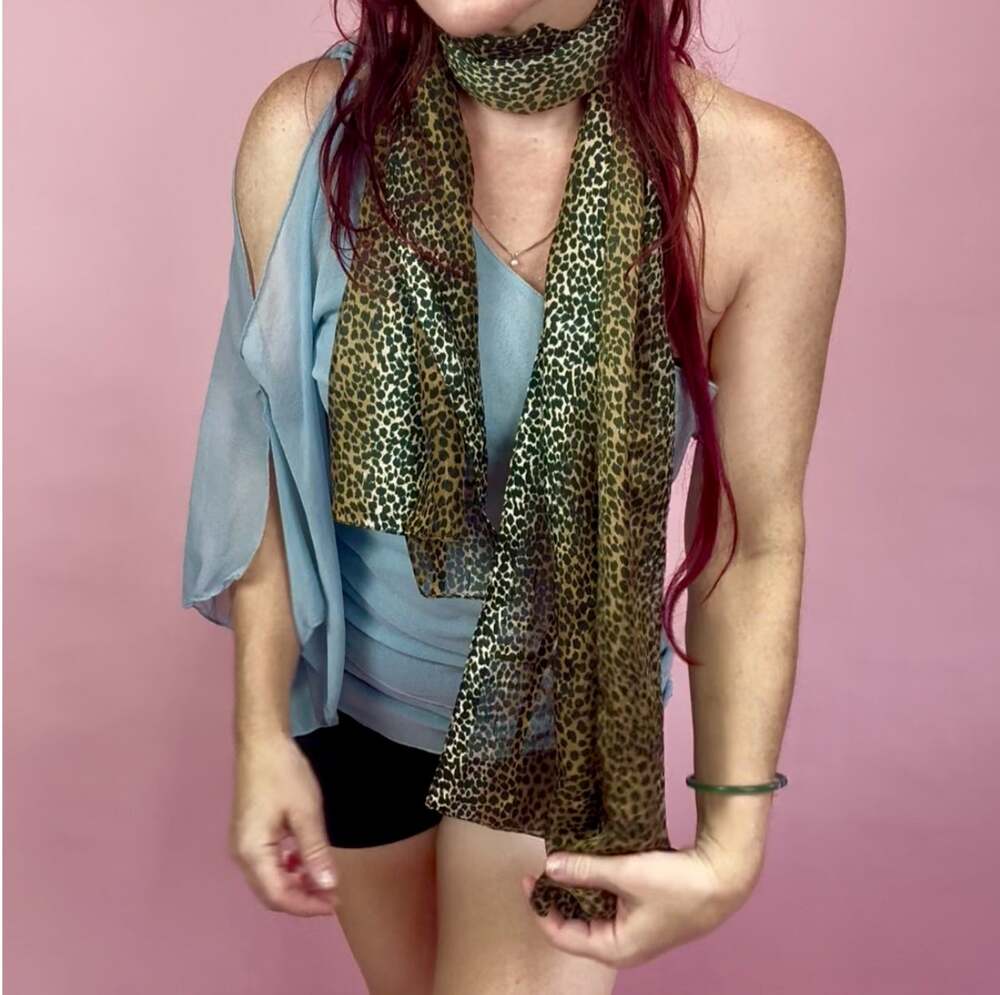 Sheer Leopard Print Long Scarf Wrap Retro Pinup Glam Y2K Mob Wife Rockabilly